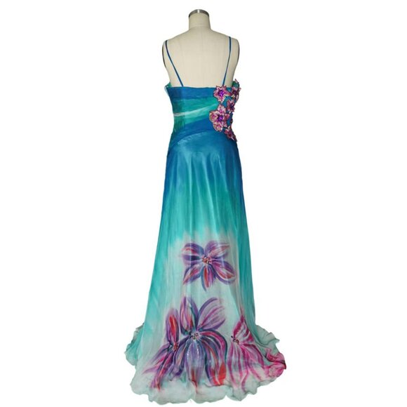 Vtg Asymmetric Floral Print Embroidered Appliqué Gradient Silk Gown Dress - Picture 3 of 5